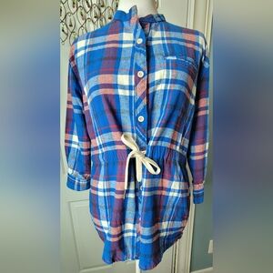 EMS Button Down Flannel Women's XS Red White & Blue Plaid 3/4 Sleeve Tie Waist